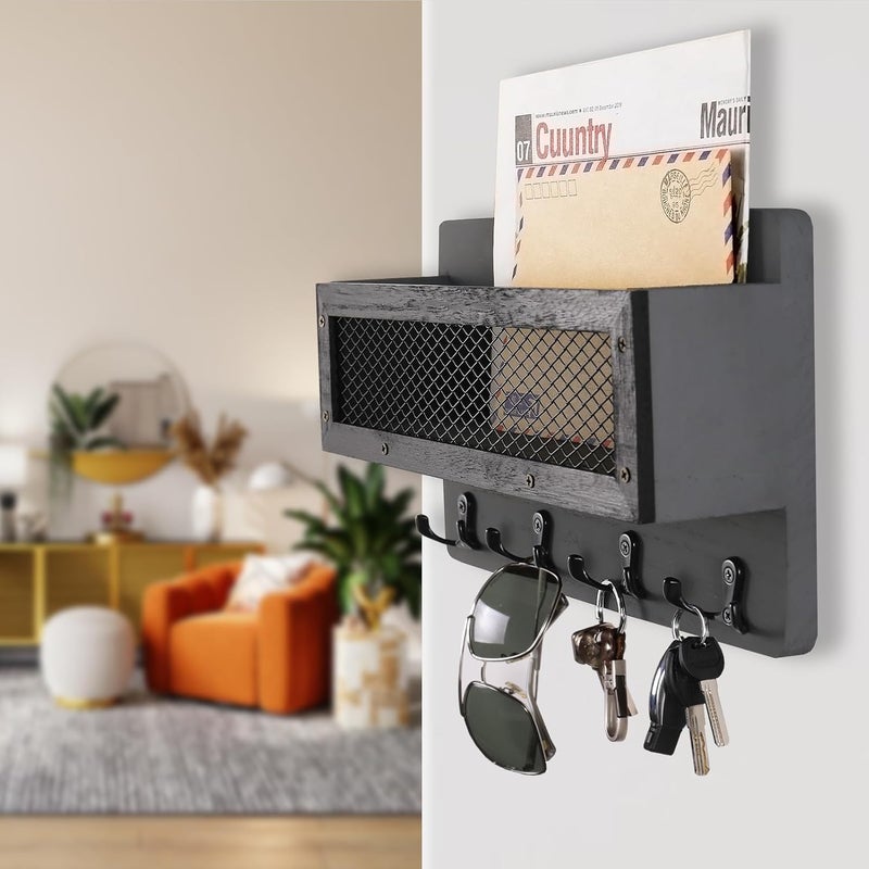 ADIIL Mail and Key Holder for Wall Decorative, Wooden Wall Mount Key Rack Hanger Organizer with 4 Double Key Hooks, Rustic Home Decor for Entryway Hallway, Grey - Image 2